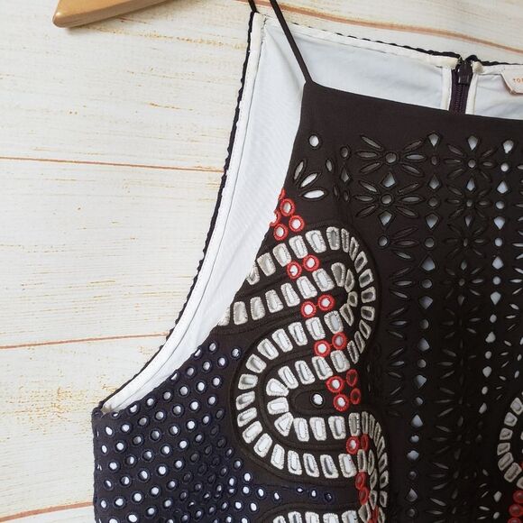 Tory Burch Runway Strappy Eyelet Shift Dress Summer Women's Size 8 Brown Blue - Picture 6 of 14